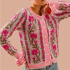 So Me Pink Floral Intarsia Button Up Sweater Cardigan Small